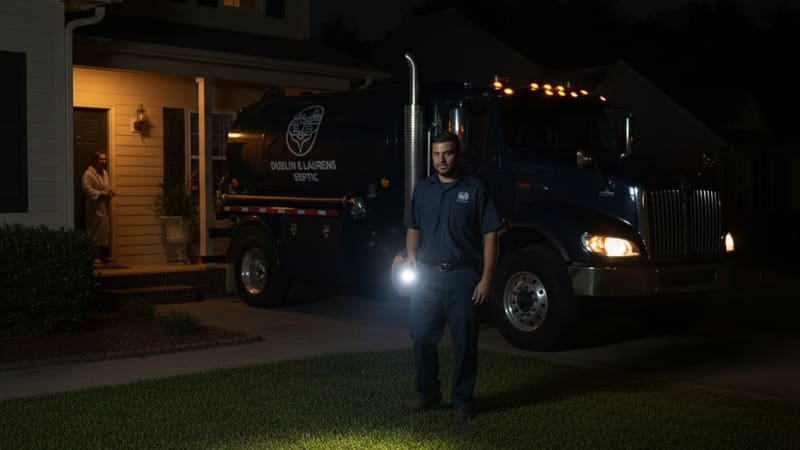 24/7 emergency septic service arriving at a home in Dublin, GA