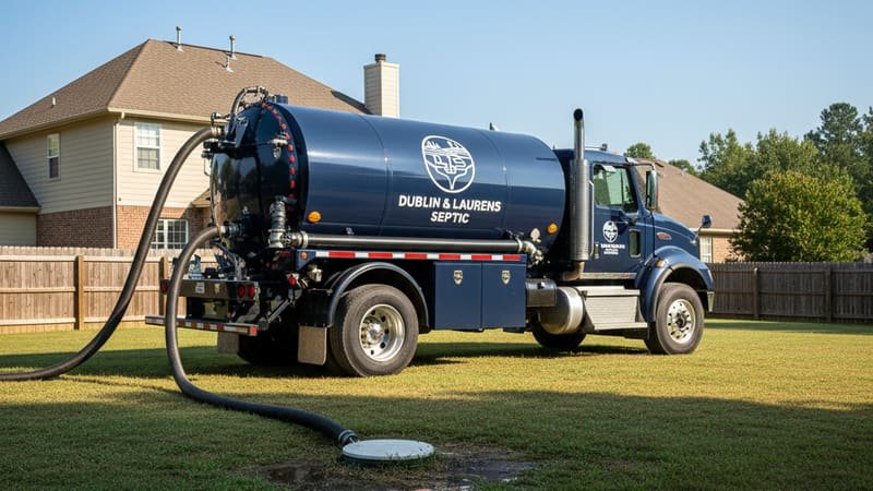 Septic tank pump truck servicing a residential property in Dublin, GA